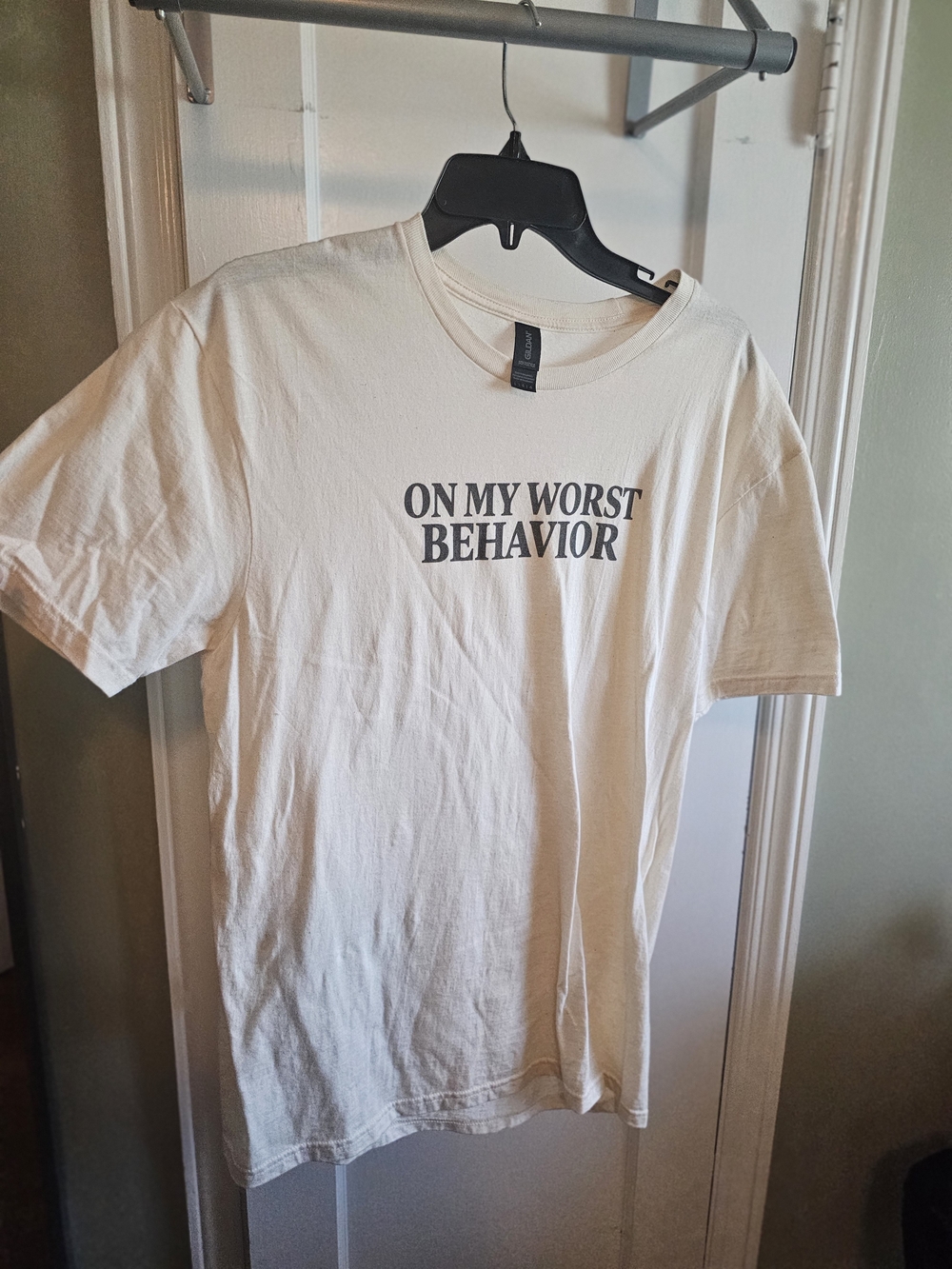 Gildan Cream Short-Sleeve Tee with 'On My Worst Behavior' Print